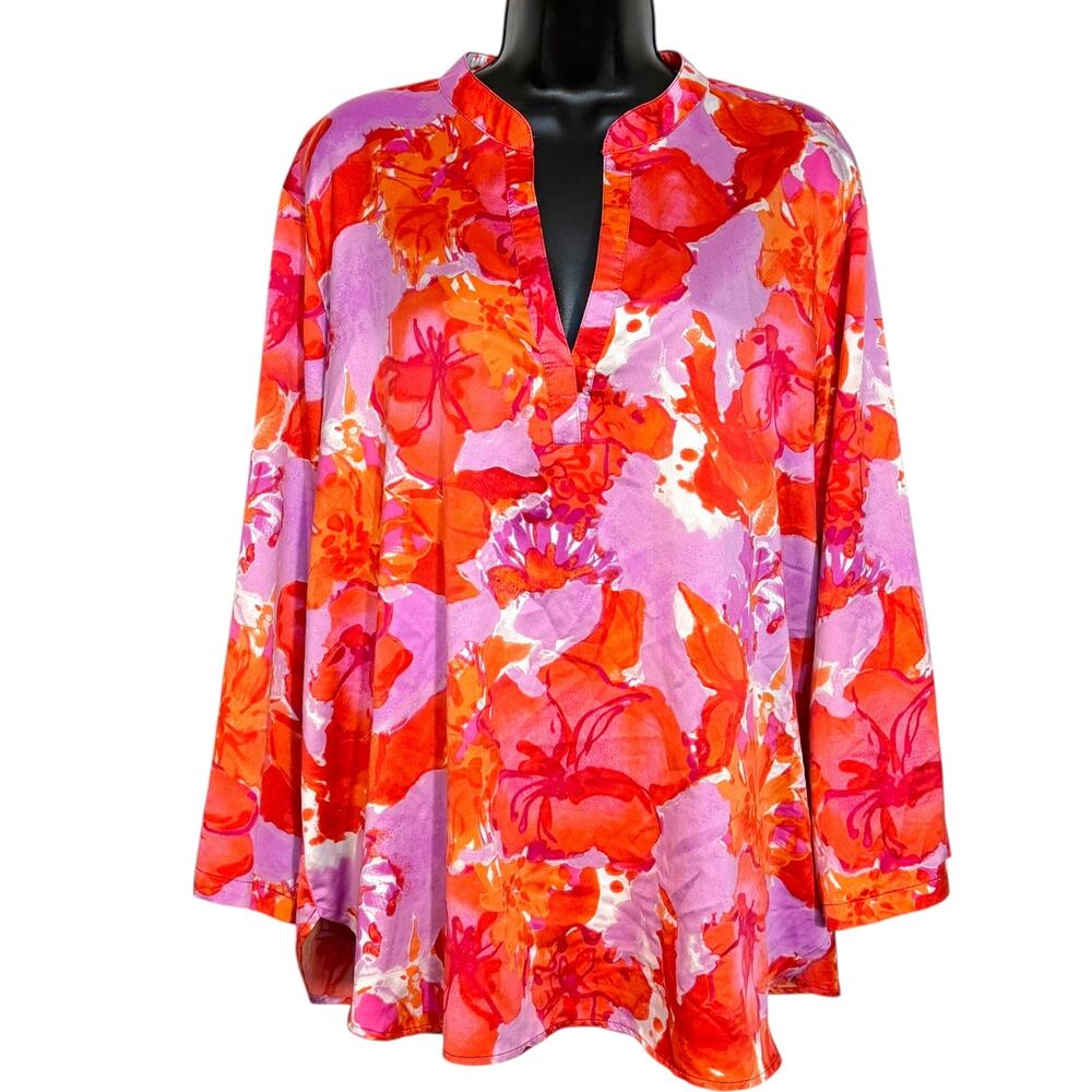 Natori Floral Tunic Blouse XL Pink Orange VNeck Satin Loungewear Resortwear Boho